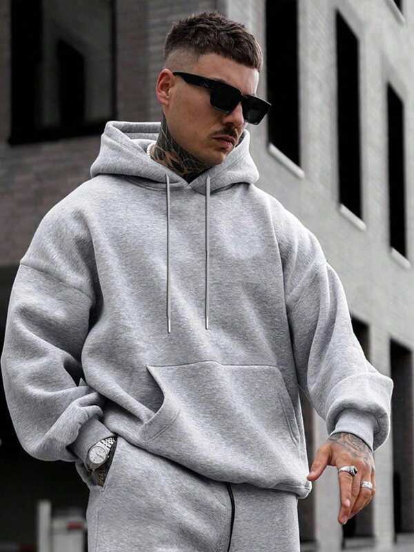 Męska bluza z kapturem, casualowa, w jednolitym kolorze, z podszewką z polaru, luźny krój, jesień/zima