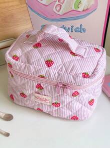 1 Piece/Set Children's Cute Pink Foam Quilted Cosmetics Bag Lovely Strawberry Pattern Makeup Bag Set Girly Toiletries Storage Bag With Zipper Pink Strip Print Make Up Bag Large Capacity Cosmetics Organizer Bag