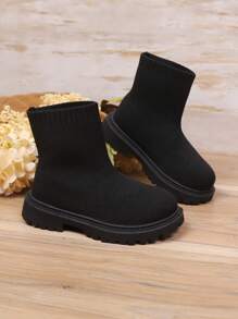 1 Pair Black Elastic Knit Toddler/Kids Leg Warmers, Round Toe Thick Sole Slip-On Design, Breathable Mid-Calf Boots, Suitable For 3-12 Years Old Girls, Casual Indoor/Outdoor Wear, Autumn/Winter New