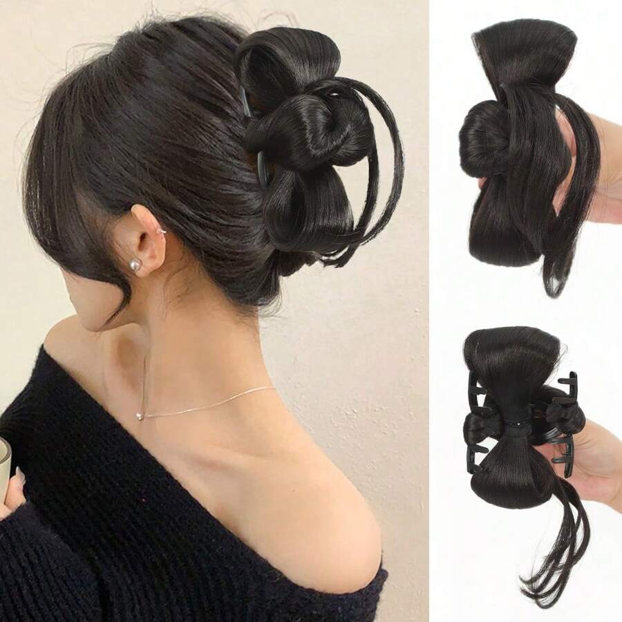 Elegante fermaglio a pinza per extension per chignon da donna, extension per capelli con fiocco sintetico, elegante parrucco in fibra resistente alle alte temperature per donna, facile da usare, senza strumenti necessari, perfetto per stili casual, accessori per capelli per donna - Multicolore - Visualizzare 1