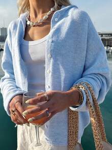 Women Y2k Crew Neck Cardigan Sweater Long Sleeve Button Down Solid Color Top Fall Casual Vintage Lightweight Knitwear - 淺藍色 - 查看 4