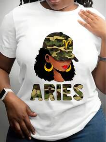Women's Crew Neck T-Shirt White Aries Zodiac Camo Hat Afro Girl Graphic Tee For Casual Wear - trắng - Xem 1