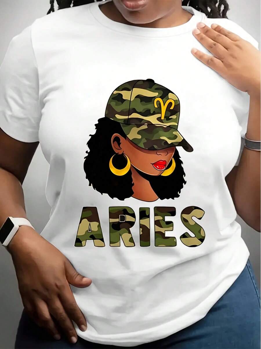 Women's Crew Neck T-Shirt White Aries Zodiac Camo Hat Afro Girl Graphic Tee For Casual Wear - trắng - Xem 1