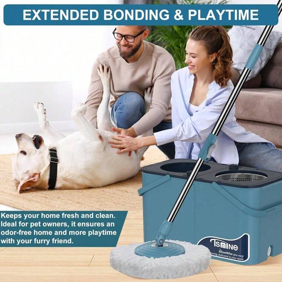 Spin Mop Bucket With Wringer: 4-Chamber (Dirty/Clean Water), 6 Replacement Heads & 4 Wheels – Home Cleaning - 藍/灰+10個拖把頭 - 查看 1