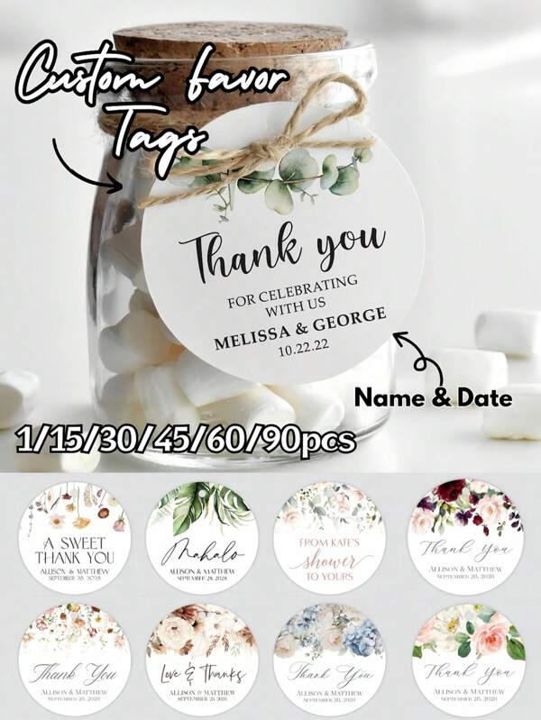 1/15/30/45/60/90pcs Favor Tags With Flowers - Choose Your Floral Design, Fonts, And Font Color - Personalized Circle Favor Tags, Custom Wedding Favor Tags | Personalized Thank You Tags | Gift Tags For Wedding, Bridal Shower, Birthday Party Favors, Personalized Mini Wedding Favor Tags Custom Name & Date Thank You Tags Party Decor, Home & Living, Haunt Your Home, Autumn Home Refresh, Xmas Decoration