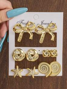 2-10件/套海星、贝壳、蝴蝶结和不对称个性化休闲耳环套装。适合派对、礼物、海滩、生日、休闲日常佩戴 - 金色 - 查看 1