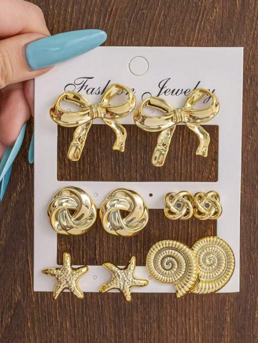 2-10件/套海星、贝壳、蝴蝶结和不对称个性化休闲耳环套装。适合派对、礼物、海滩、生日、休闲日常佩戴 - 金色 - 查看 1