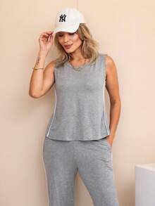 Set With Side Stripe T-Shirt, Basic Tank Top And Straight Pants With Viscolycra Pocket, Aerolook Summer - 淺灰色 - 查看 4