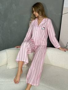 【奇幻世界】情人节Hello Kitty女士翻领纽扣长袖衬衫睡衣+松紧腰裤睡衣套装（2件套） - 粉色 - 查看 3