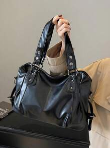 1 Piece Vintage Handbag With Large Capacity, Vintage PU Shoulder Bag, Casual Women's Handbag - 黑色 - 查看 1