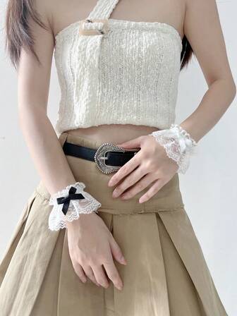1 Pair Cute Lolita Lace Trim Wrist Cuffs, Feminine Lace Bow Wrist Sleeves, Sexy Bracelet Wrist Decor, Suitable For Women's Daily Wear And Dates,Halloween