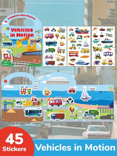 beartale 60张可爱车辆贴纸，男女皆宜 - 包括汽车、巴士、消防车、潜艇、无人机、热气球等等 - 趣味防水贴纸，儿童益智玩具，趣味贴纸，毕业礼物，可重复使用的贴纸书，儿童书籍，男孩贴纸，儿童玩具，儿童活动套装，卡通彩色贴纸，返校礼物，儿童生日礼物