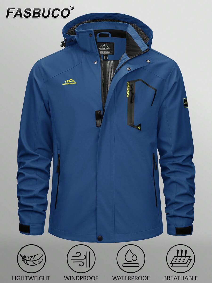 Men's Hooded Raincoat Waterproof Outdoor Hiking Jacket Casual Work Coat Outerwear - 牛仔藍 - 查看 1