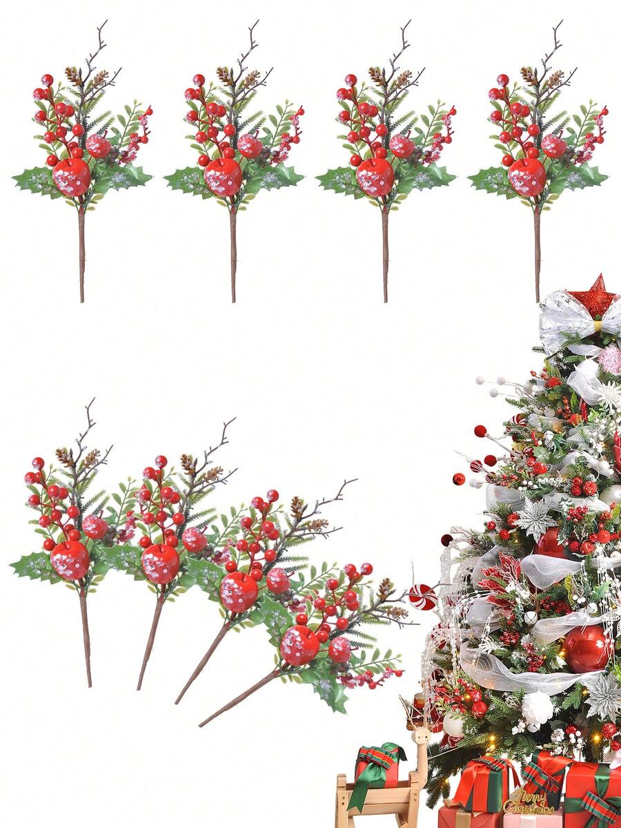 1PC/2PCS/4PCS Christmas Decoration Artificial Pine Branches With Red Apple Berries Pinecone Artificial DIY Craft Flower Wreath Home Decoration Christmas Decorations Room Decor Winter