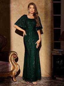 UNITHORSE Square Neck Ruffle Sleeve Pleated Waist Long Sequin Evening Gown, Elegant Formal Dress Suitable For Wedding Guests, Graduation Ceremony, Gala Dinner, Birthday And Other Occasions - Dark Green - View 3