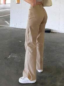 Cross-Border Women's All-Season Best-Selling Street Pure Color Casual Wash Mid-Waist Worn Straight-Leg Jeans Versatile Casual Pants - Màu Khaki - Xem 1