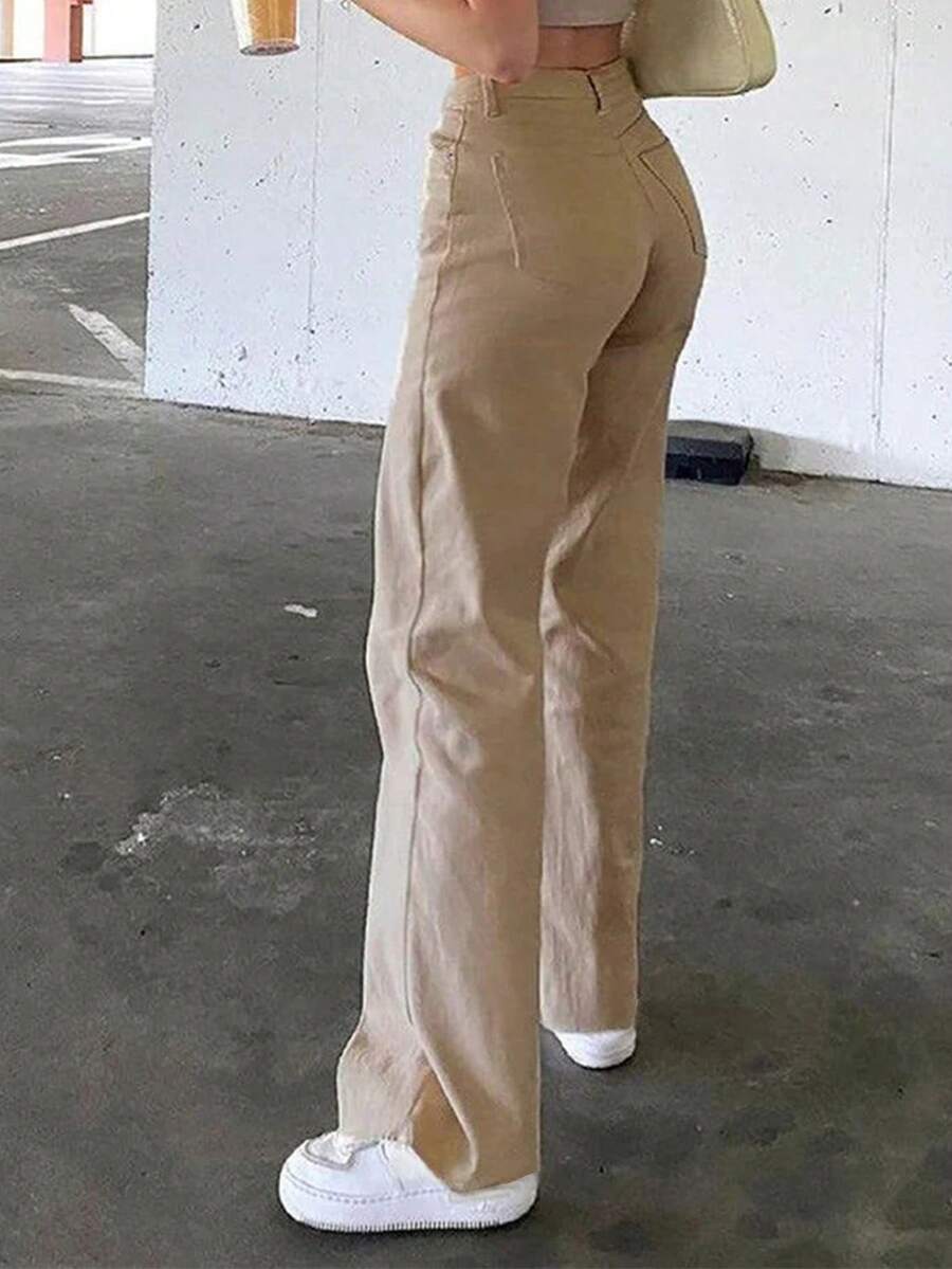 Cross-Border Women's All-Season Best-Selling Street Pure Color Casual Wash Mid-Waist Worn Straight-Leg Jeans Versatile Casual Pants - Màu Khaki - Xem 1