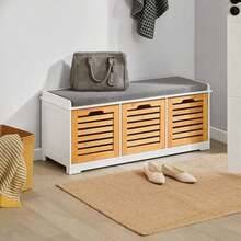 SoBuy FSR23 Modern Shoe Chest With Baskets (Grey) Bench Shoe Cabinet With Seat Cushion Toy Chest White With Grey - 白色+卡其色 - 查看 8