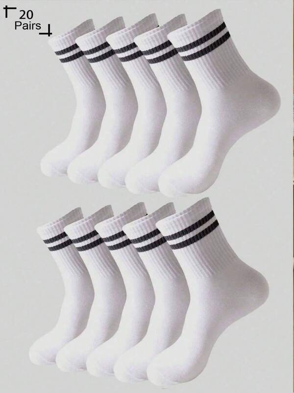 10/20 Pairs Men's & Women's Mid-Calf Socks - White With Two Horizontal Stripes, Breathable Athletic Casual Socks, Durable Comfort Fit, Hand Wash Only, Cute Socks For Casual Attire, Versatile Clothing Accessory | Classic Stripe Pattern | Comfortable Sock Construction, Novelty Socks