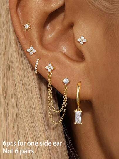 6Pcs/Set For One Ear Flower Dangle Hoop Star Stud Stackable Earring For Women, Casual Zirconia, 18K Gold Plated Earring Stacks Hypoallergenic Lightweight Vacation Party Jewelry Accessories For Women Girl