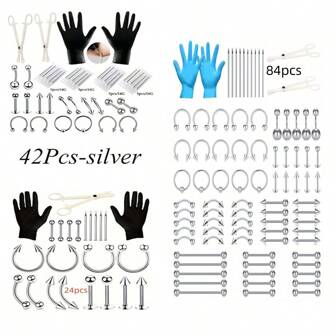 24/42/84pcs Stainless Steel Piercing Kit 14G/16G Belly Button Piercing Kit Septum Piercing Kit Lip Tongue Nipple Ear Piercing Kit Piercing Kits For All Piercings