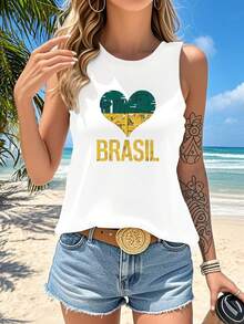 Brazil Brasil Heart Green Yellow Culture Women's Casual Crew Neck Tank Top, Sporty Comfort, StreetWear, Back To School Outfit, Daily Wear Graphic Tank Top, Rock, Holiday, Vacation, Women Crop Top - trắng - Xem 1