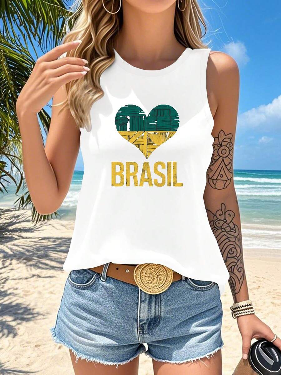 Brazil Brasil Heart Green Yellow Culture Women's Casual Crew Neck Tank Top, Sporty Comfort, StreetWear, Back To School Outfit, Daily Wear Graphic Tank Top, Rock, Holiday, Vacation, Women Crop Top - trắng - Xem 1