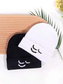 2pcs Knitted Hats With 3 Bat Embroidery Designs, Streetwear Style, Suitable For Couples, Outdoor, , Warm And Windproof For Autumn/Winter Autumn Accessories