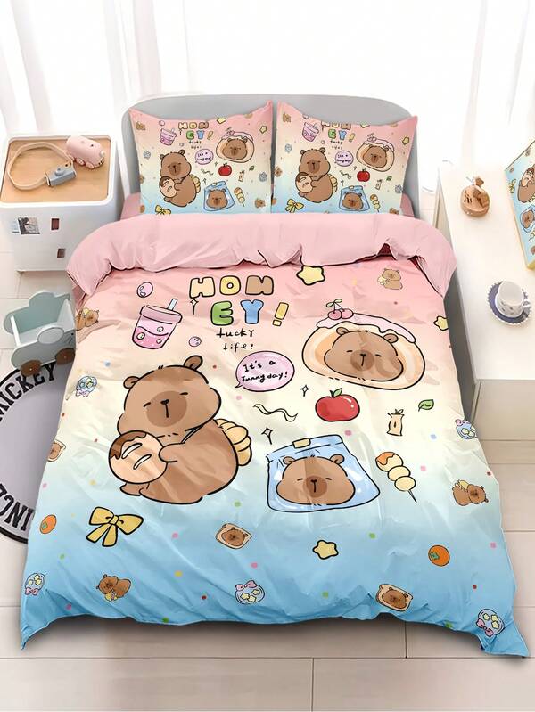 4pcs Macaron Color Cartoon Printed Bedding Set (1pc Bed Sheet + 1pc Duvet Cover + 2pcs Pillowcases, No Filler), School Season Duvet Cover Set, College Style Print, Suitable For Dorm Single Bed, Children Bed, Boys & Girls