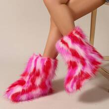 女式人造毛皮靴毛茸茸圆头绒面革冬季舒适毛绒保暖短款户外室内平底鞋中筒靴时尚靴子 - 彩色 - 查看 4