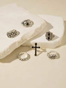 imoli 6 件/套哥特朋克风格锌合金黑油、鹰爪、眼睛形银戒指，男士适用，万圣节派对礼物（手工上油、各种黑化效果）