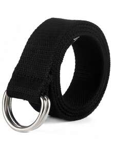 1pc Men's Canvas Belt, Minimalist Double Ring Buckle Design, Unisex, Black D-Ring Canvas Belt, Extended Half-Round Ring Canvas Pants Belt - Black - View 5