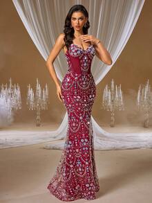 GIFORU Luxury Wine Red Sequin Spaghetti Strap Beaded Mermaid Dress, Fitted Silhouette, New Bride Wedding Gown, Formal Prom Gown, Women's Occasion Dress For Wedding, Party, Birthday - Hot Pink - View 11