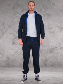 LoveMyFashions Men's 2pcs Set Tracksuit Full Sleeve Solid Color Drawstring Waist Zip Up Hoodie & Sweatpants Two Pieces Set With Pockets - Navy/Blue - View 1