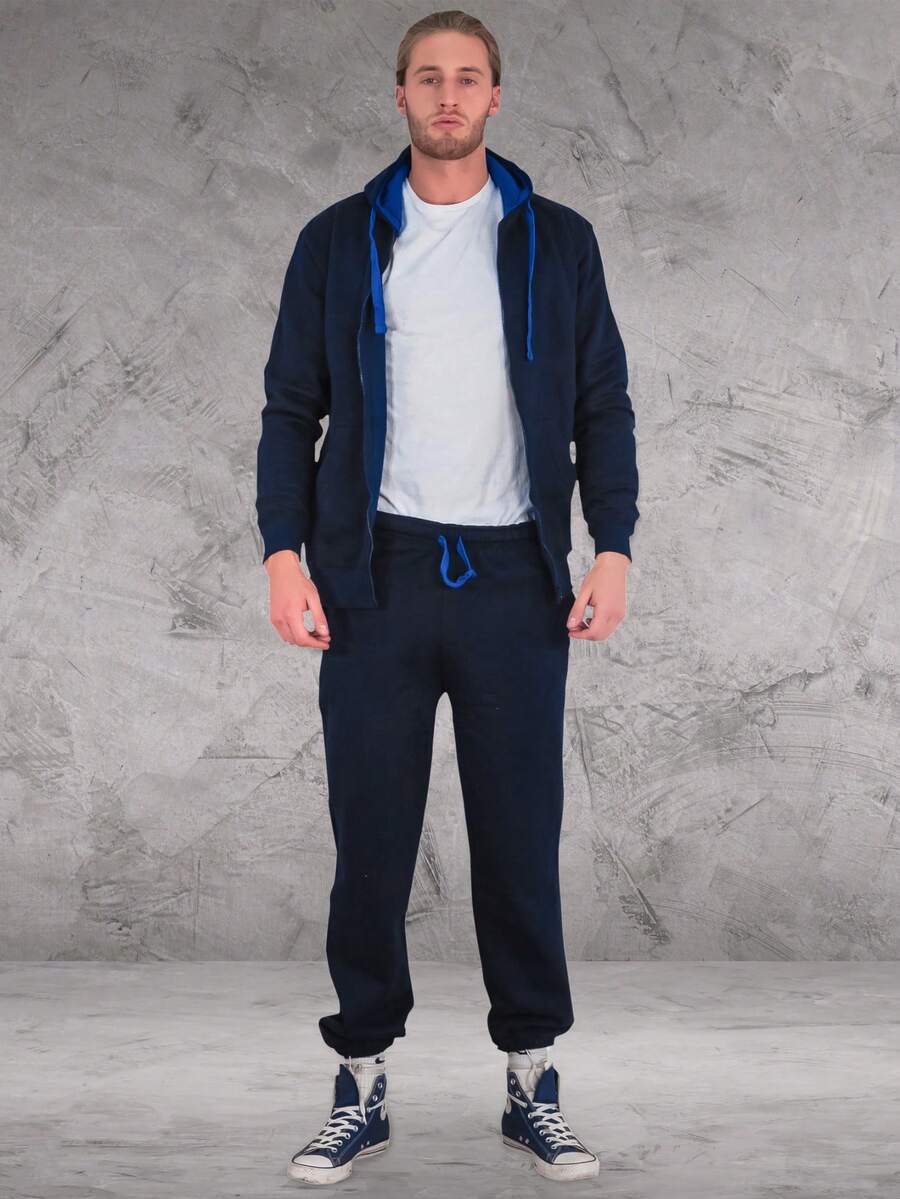 LoveMyFashions Men's 2pcs Set Tracksuit Full Sleeve Solid Color Drawstring Waist Zip Up Hoodie & Sweatpants Two Pieces Set With Pockets - Navy/Blue - View 1