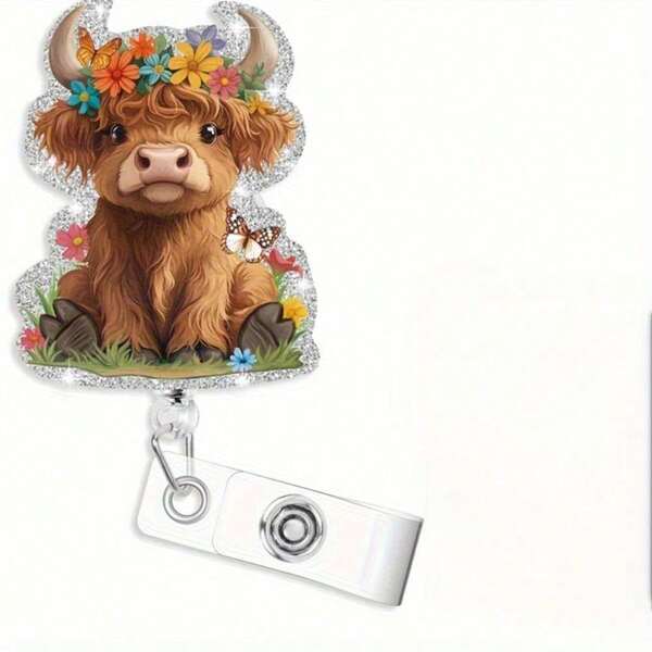 1 Pieza Insignia de vaca de las Tierras Altas, Insignia de vaca linda con clip, Insignia retráctil divertida de enfermera, Clip retráctil de insignia con clip, Cuerda retráctil de nailon resistente para oficina de médico, estudiante, maestro