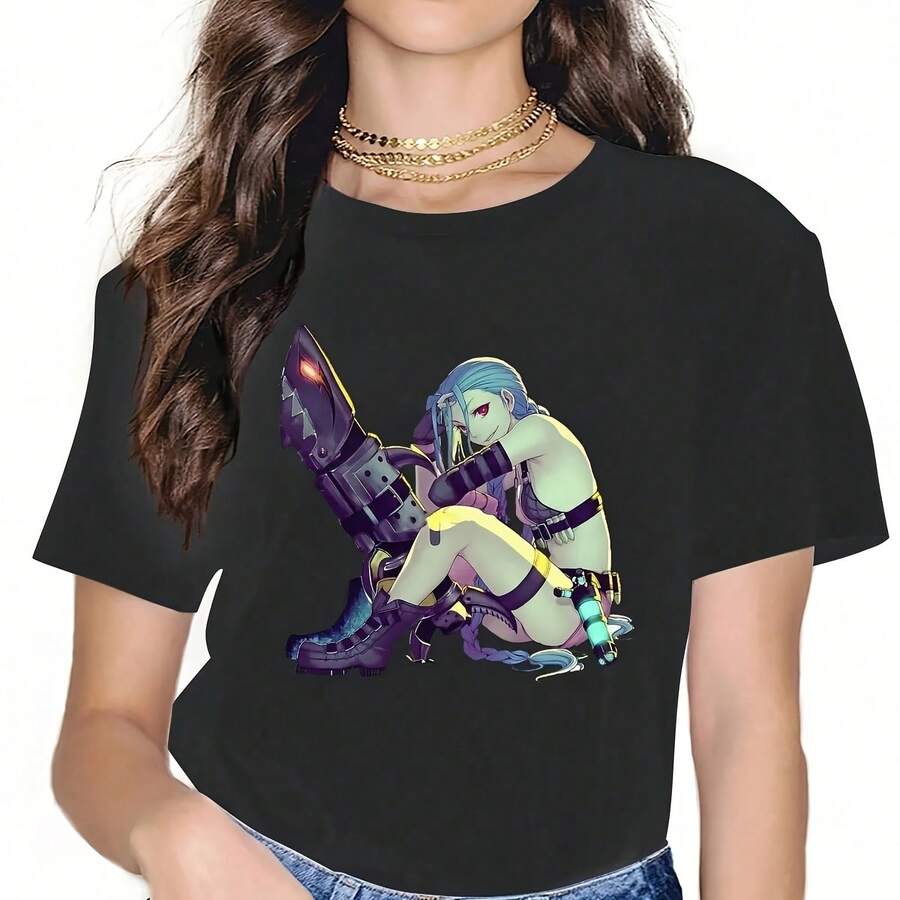 Jinx V  Wo's Arne League Of S LOL Anime Unique S Short Sve Round Neck T-Shirt Cotton Ad9 - 黑色9 - 查看 1