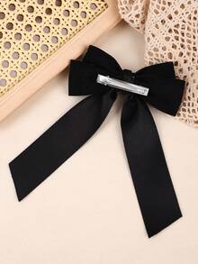 1个灯芯绒黑色发夹，女孩纯色双层蝴蝶结，鳄鱼夹带长尾，优雅简约发夹，日常发饰，休闲发夹，青少年发饰 - 黑色 - 查看 4