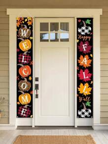 2 件/对 - 欢迎秋季派对横幅装饰门廊标志悬挂背景横幅，秋季门口窗帘横幅，水牛格子南瓜图案，室内/室外墙壁前门装饰，秋季装饰，家居装饰，万圣节，感恩节装饰 - 彩色 - 查看 2