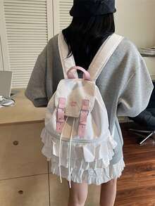 Korean Ins Niche Polka Dot & Striped Backpack, New Versatile Large Capacity Student School Casual Travel Bag , Polka Dot - White - View 6