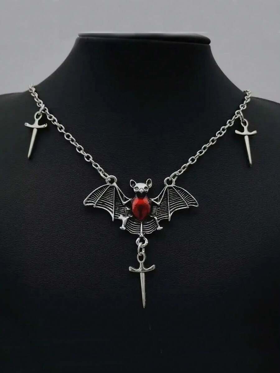 1 件复古哥特式心形和蝙蝠吊坠项链，男女通用情侣款欧美时尚畅销女士项链 - 彩色 - 查看 1