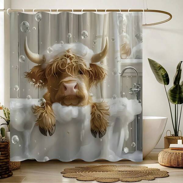 1pc Funny Highland Cow Shower Curtain, Adorable Yellow Calf Bathing In Tub, Polyester Bath Curtain With 12 Hooks, Machine Washable, Waterproof Bathroom Decor