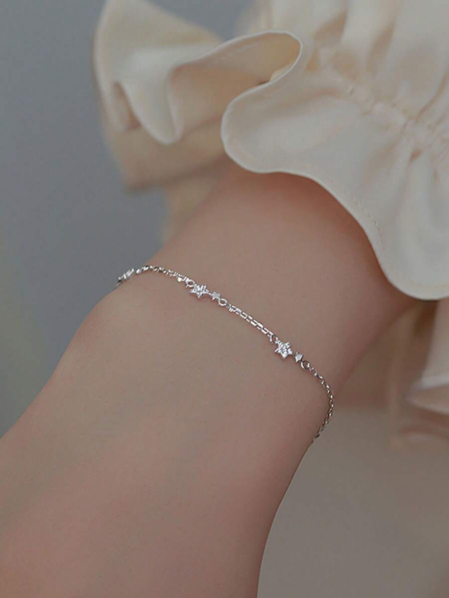 1pc Zirconia Star Bracelet For Women, Fashion Luxury Elegant Minimalist Romantic Style Niche Design Delicate Sweet Accessory, Suitable For Daily Wear And Holiday Gift - Antique Silver - View 1