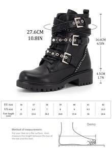 Women's Thick Sole Ankle Boots With Rhinestone Studs, Motorcycle Boots, Gothic Punk Style With Metal Decoration Chain And Zipper - Black - View 3