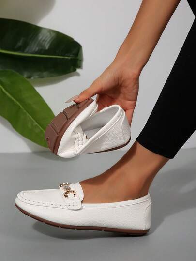 Women's White Flat Loafers With Butterfly & Rhinestone Decor, Slip-On Casual Shoes For All Seasons