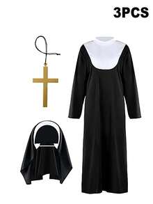 Zombie Priest And Nun Costume Set - Lncludes Robe, Plastic Cross, Stickers, Face Painting, Halloween Adult Costume For Costumes Party, Suitable For Carnival. Halloween Demon Exorcist Party Role Play - Multicolor - View 14
