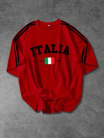 Shwiy Herrtröja med kort ärm och tryck av italiensk text och nationalflagga, avslappnad, svart och röd, sportig collegestil, lämplig för vår/sommar, skola, vardag, streetwear