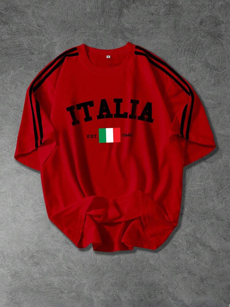 Camiseta de manga corta suelta con estampado de texto italiano de moda casual deportiva para hombres Shwiy, con patrón de bandera nacional y rayas negras, adecuada para primavera/verano, escuela, uso diario, ropa de calle - Rojo - Añade 1