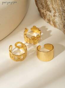 3 件不锈钢复古花卉和几何设计戒指，适合女性，日常佩戴，情人节、母亲节礼物