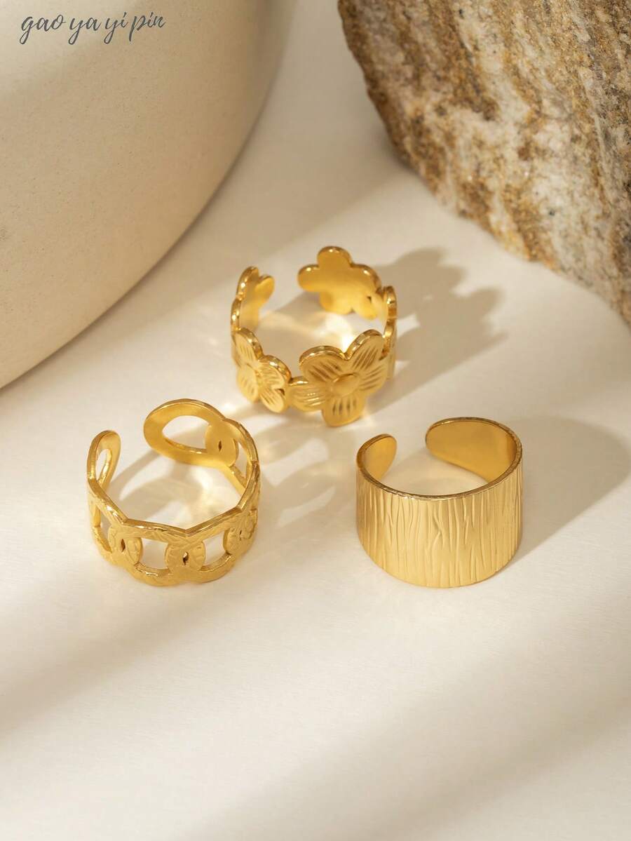 3 件不锈钢复古花卉和几何设计戒指，适合女性，日常佩戴，情人节、母亲节礼物